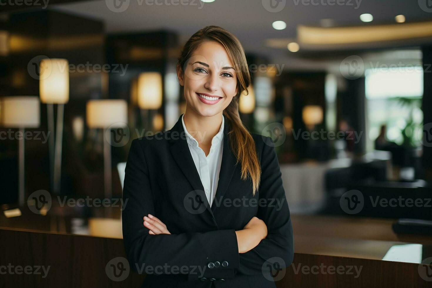 ai generado retrato de hermosa mujer de negocios en moderno oficina generativo ai foto