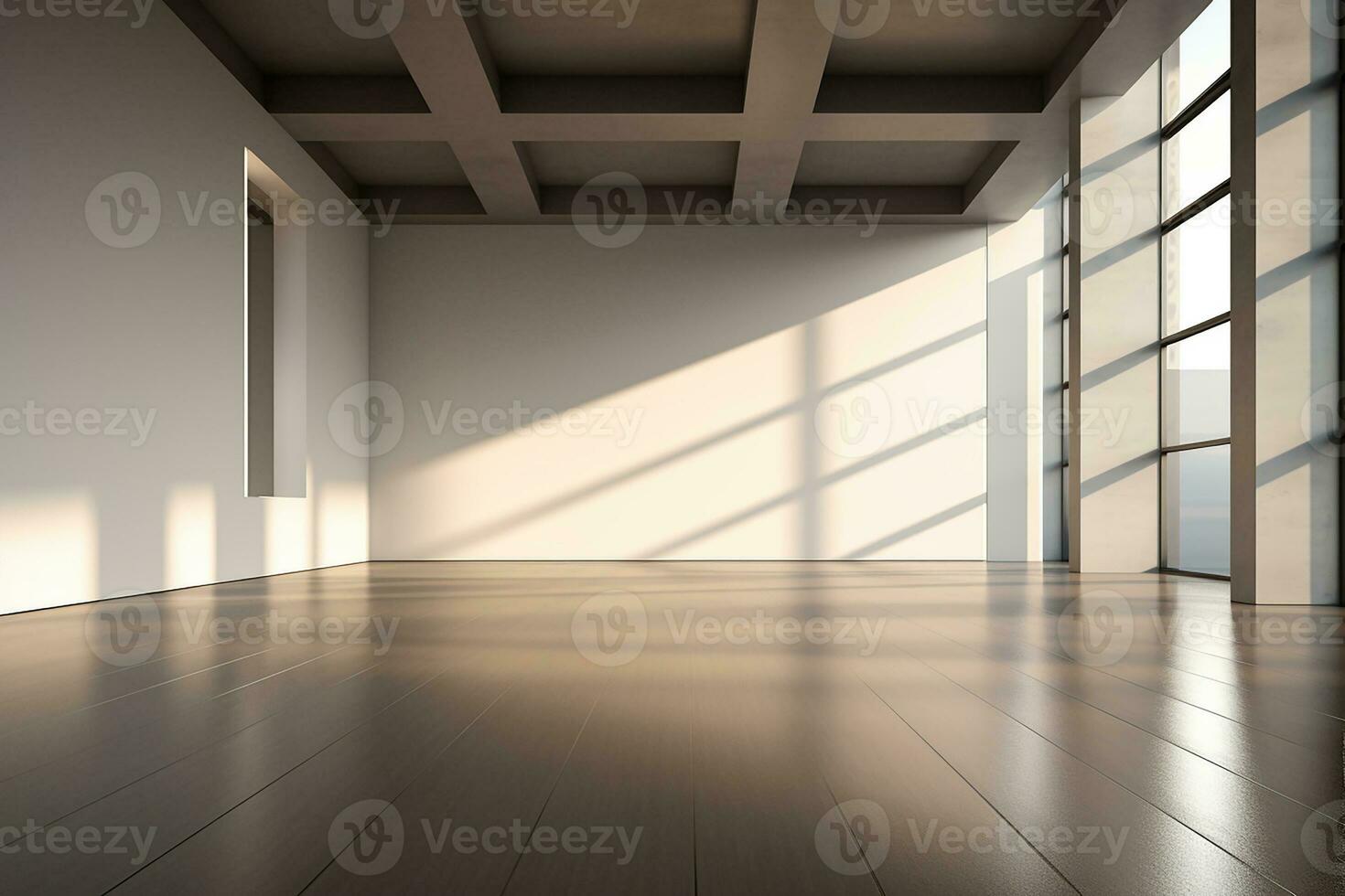 AI generated 3d rendered Modern Hall Interior Background Empty room with a huge window. minimal with copy space photo