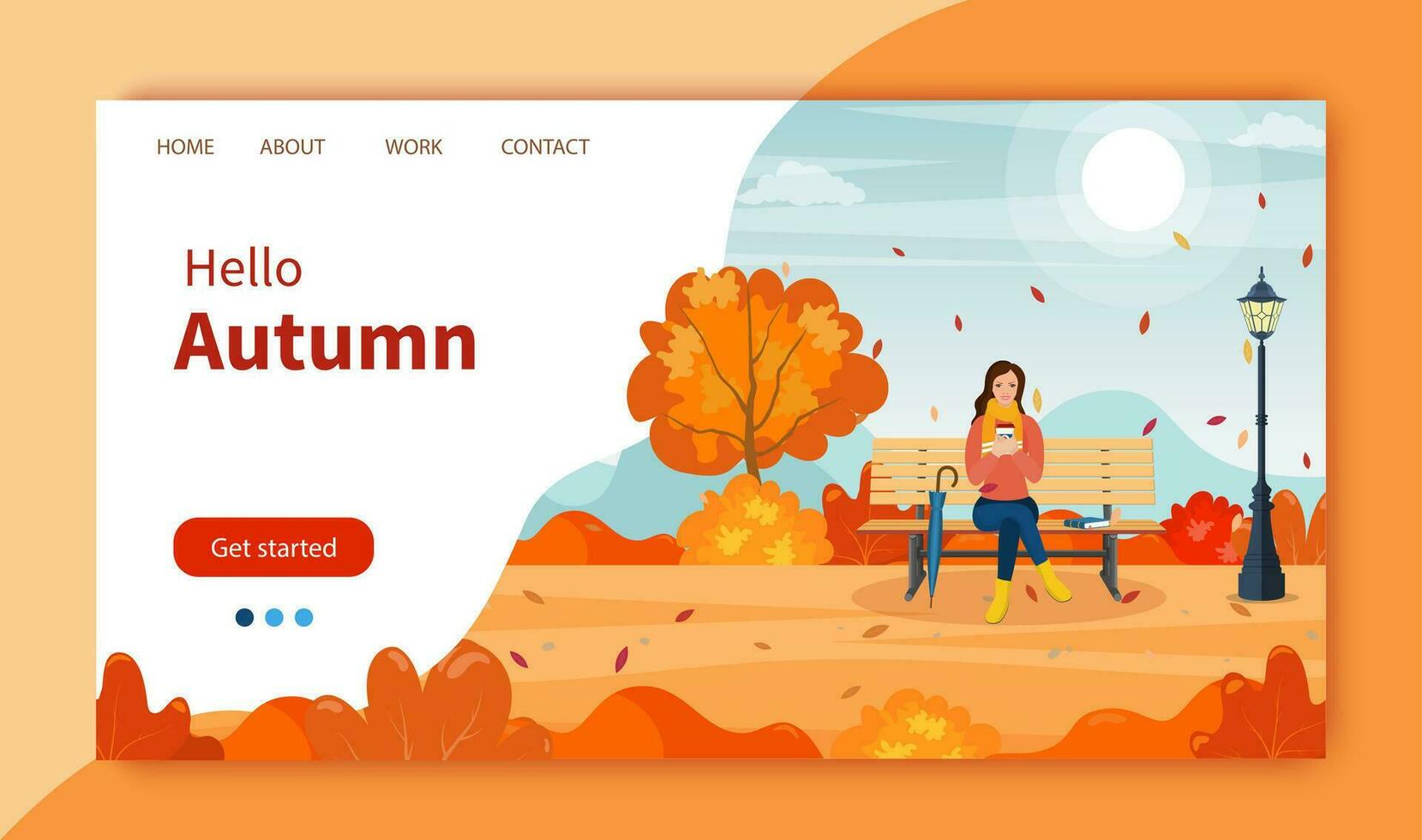 happy girl sitting on a bench with a cup of coffee, under a tree with falling leaves in a park. beautiful autumn city park with bench. Website Landing Page template. Vector illustration in flat style