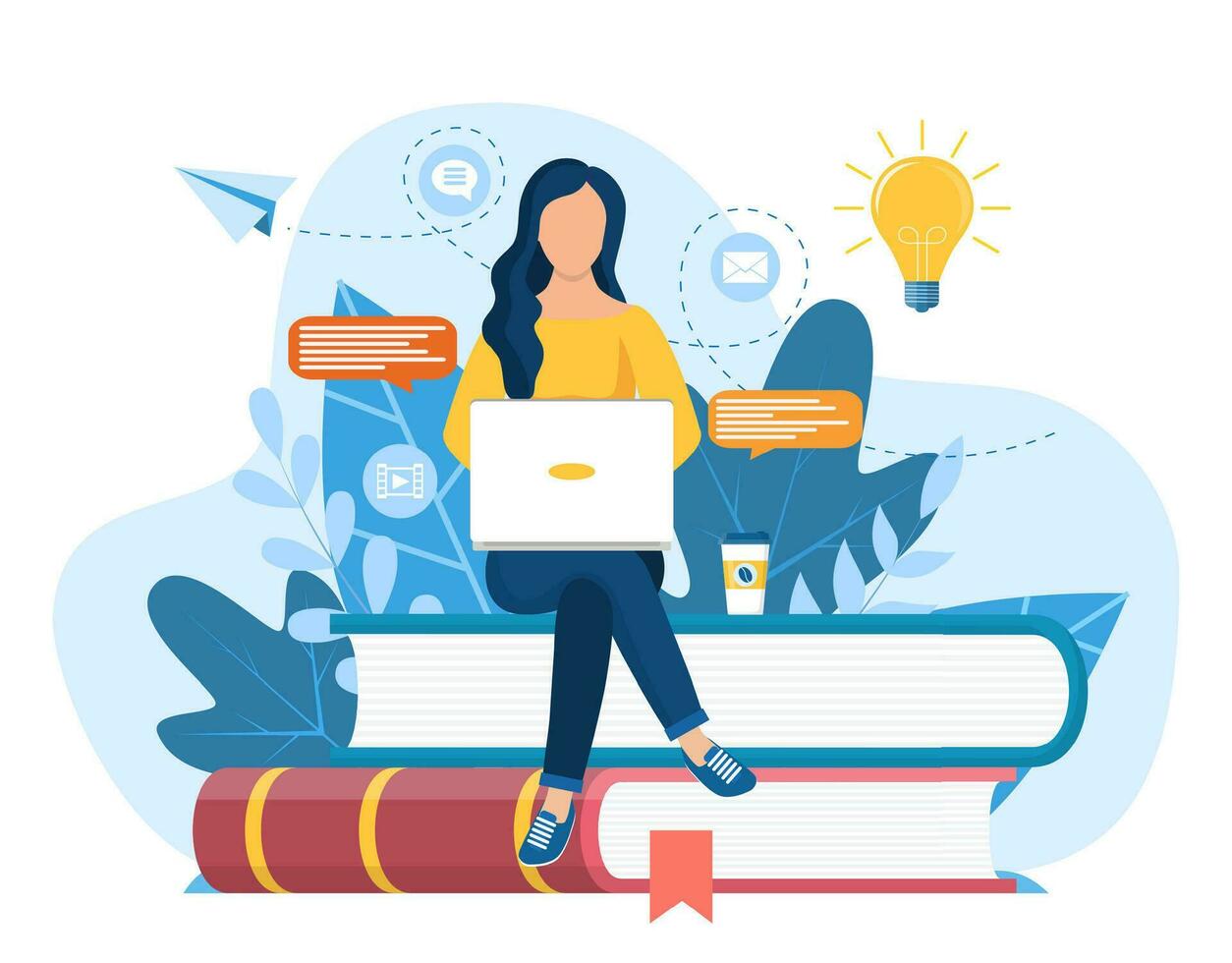 Girl sitting on pile of books. Concept illustration of online courses, distance studying, self education, digital library. E-learning banner. Online education. Vector illustration in flat style