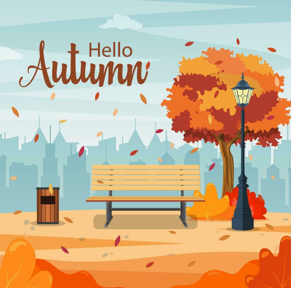 beautiful autumn city park with bench and town building background. Beautiful urban fall park for banner, poster, web. Vector illustration in flat style.