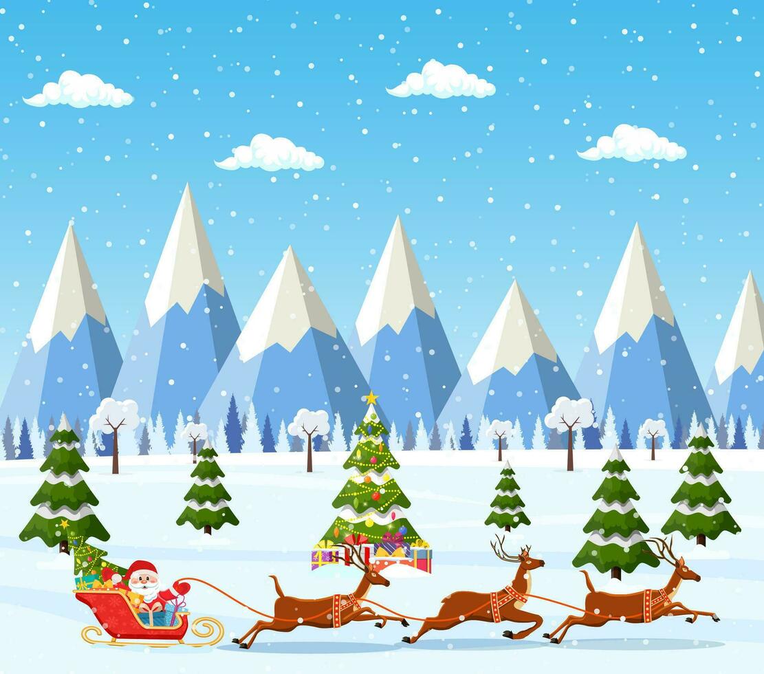 Navidad paisaje antecedentes con Navidad árbol con caja de gif y Papa Noel claus montando en trineo. alegre Navidad día festivo. nuevo año y Navidad celebracion. vector ilustración en plano estilo
