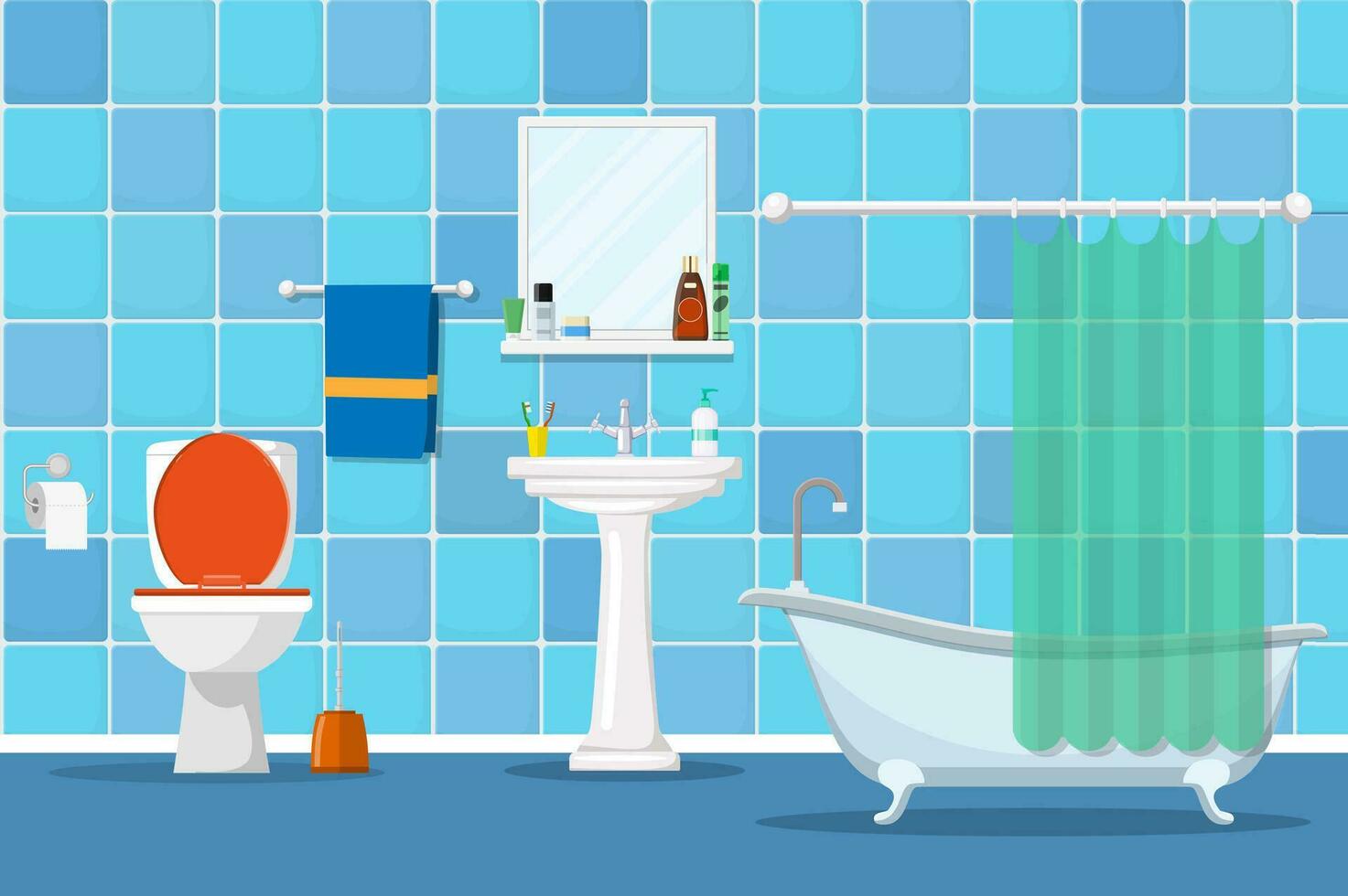 interior de un baño con un baño y accesorios para Lavado y tomando un ducha. vector ilustración en plano estilo