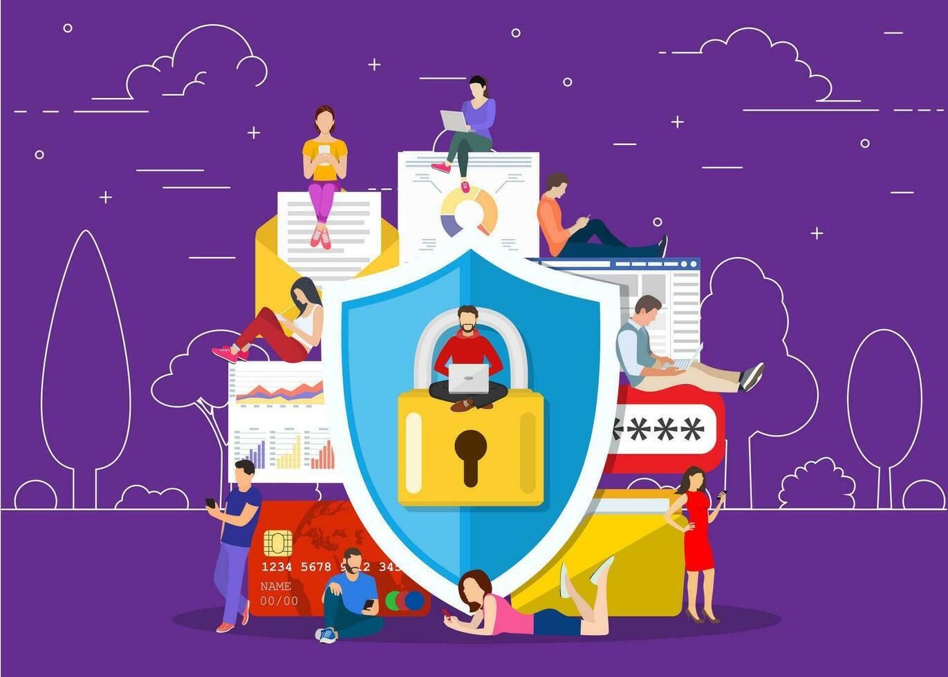 Data protection concept. Safety and confidential data protection, concept with characters. Internet security. Vector illustration in flat style