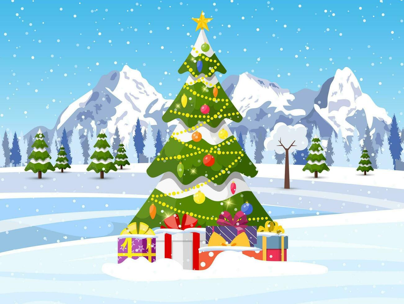 Christmas landscape background with snow and tree vector