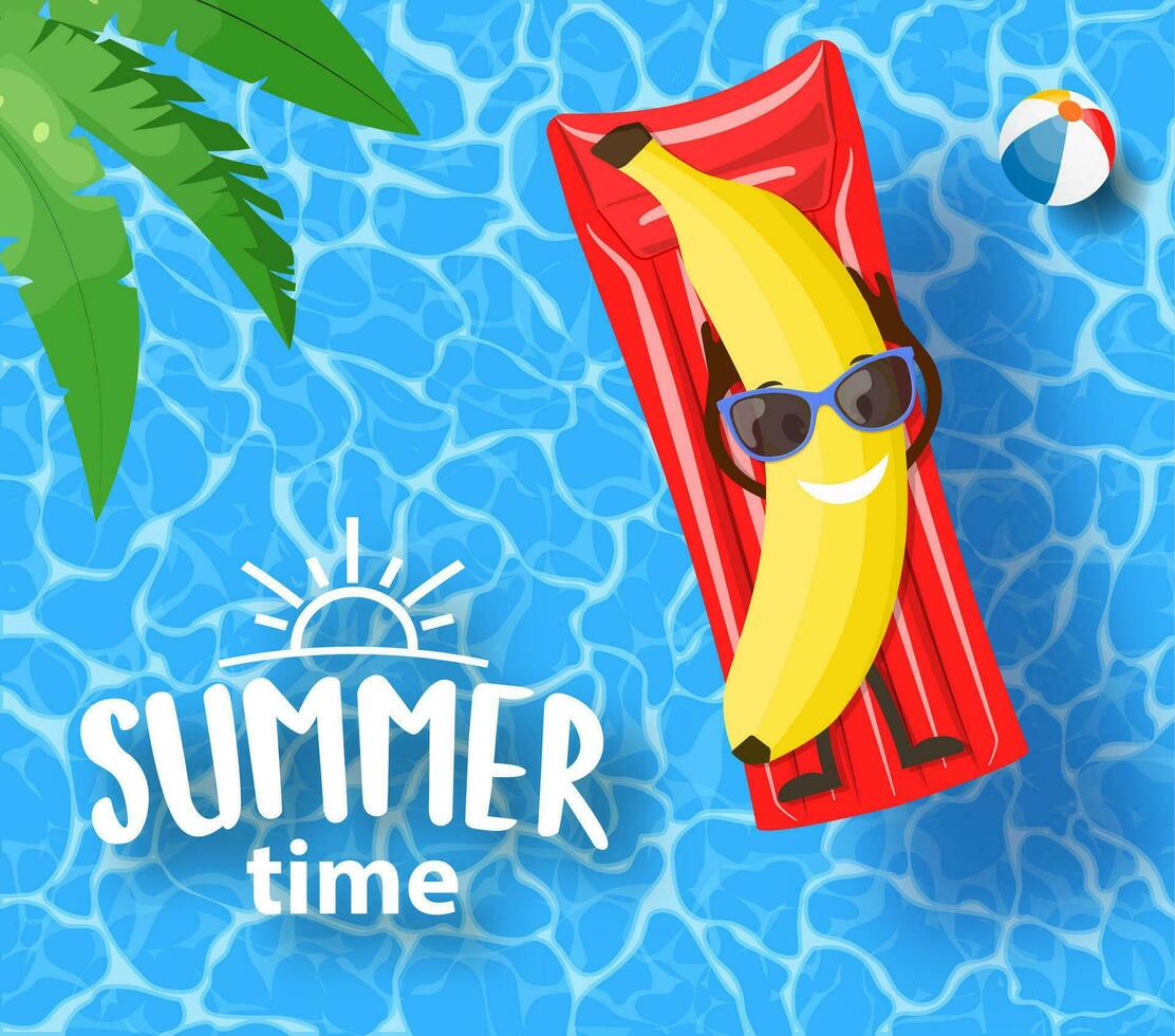 banana character lying on mattress, over water. holiday background with banana and inscription summer time. summer vacation, happiness, travel, top view. Vector illustration in flat style