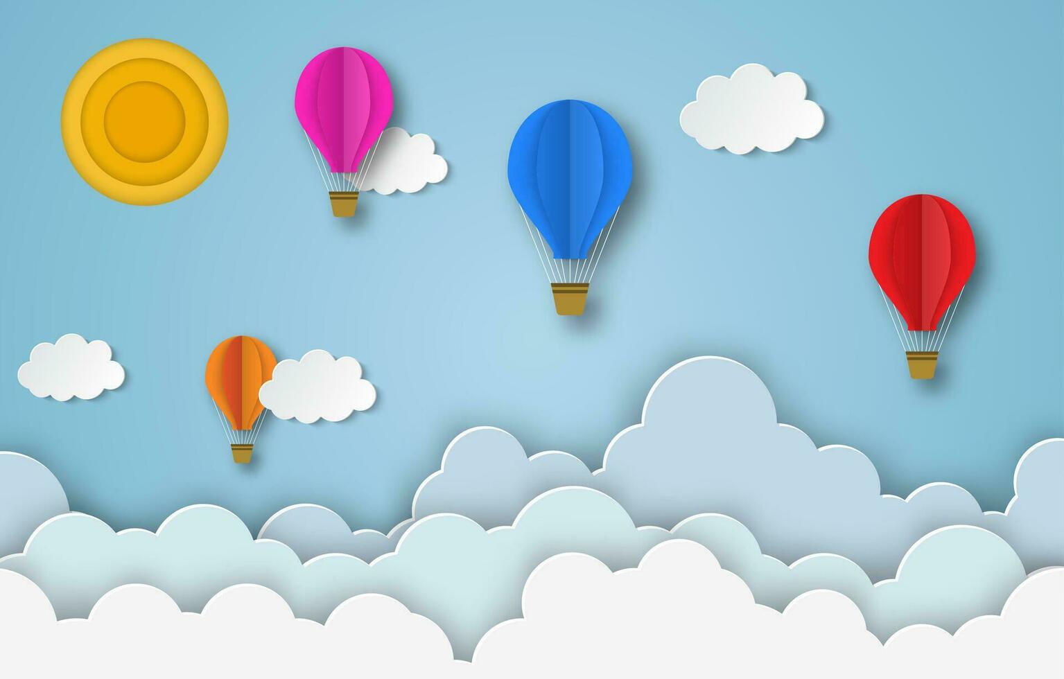 vistoso caliente aire globos volador en el aire con azul nublado cielo antecedentes. papel cortar póster modelo con aire globos volantes, pancartas, carteles y plantillas diseño. vector