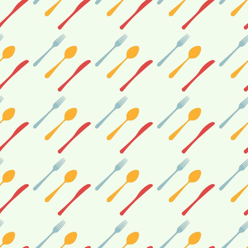 Cutlery icon seamless pattern. Fork, knife, spoon silhouettes and contours. texture for menu. Vector illustration in flat style.