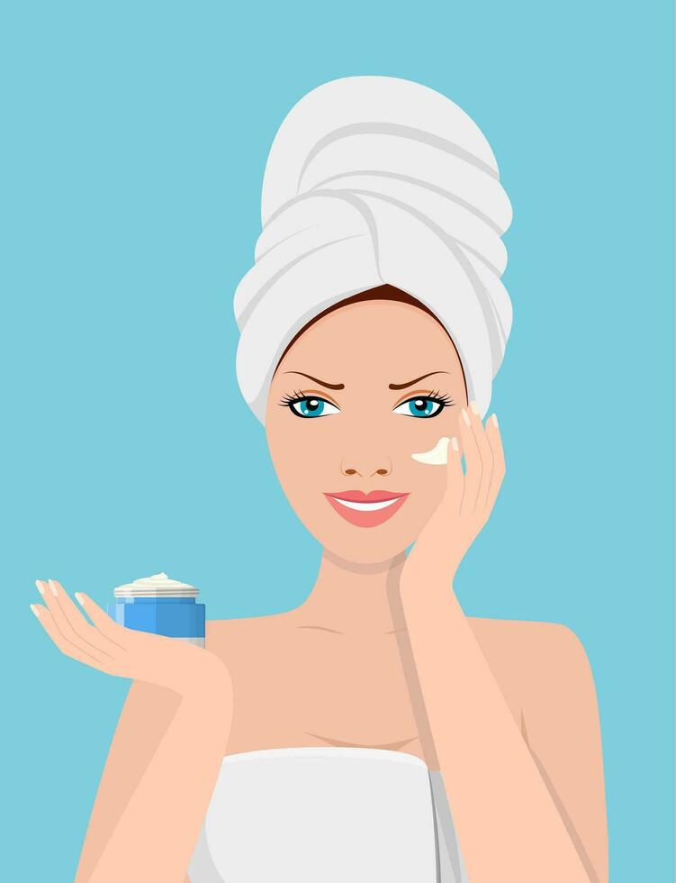 niña usos un cosmético facial crema. spa belleza y salud concepto. vector ilustración en plano estilo