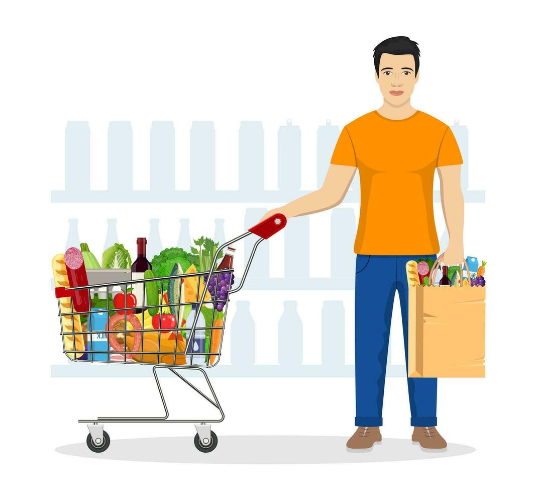 man shopping in supermarket. shopping cart. man hold grocery paper shopping bag with food. Vector illustration in flat style