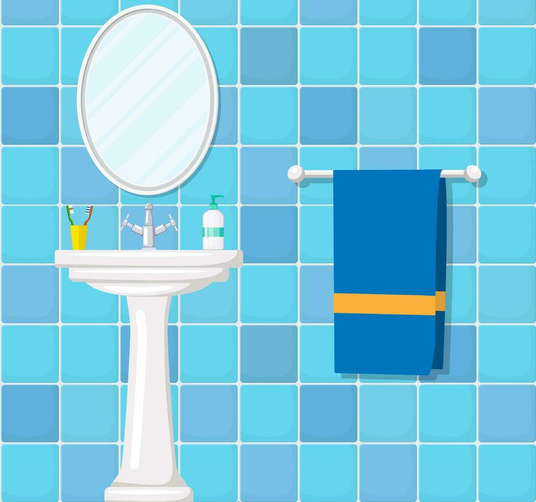 bathroom ceramic wash basin, tiled walls, mirror and towel. Part of bathroom interior. Vector illustration in flat style