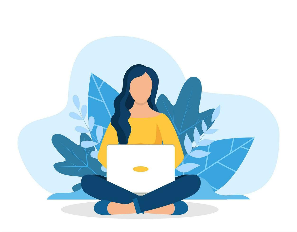 Woman with laptop sitting in nature with crossed legs. Freelance or studying concept. web page design template for online education, training. Vector illustration in flat style