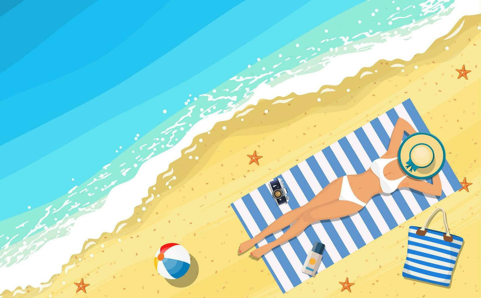 mujer acostado en playa y broncearse con verano accesorios y mar navegar cerca a ellos. vector ilustración en plano estilo