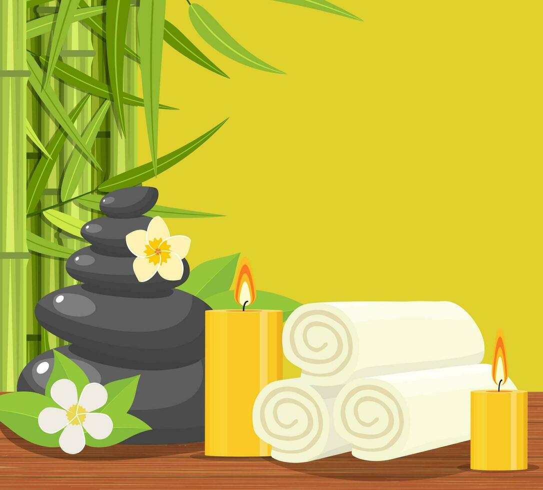 Spa concept poster with towels, stones and candle and green bamboo stems. SPA beauty and health concept. Vector illustration in flat style