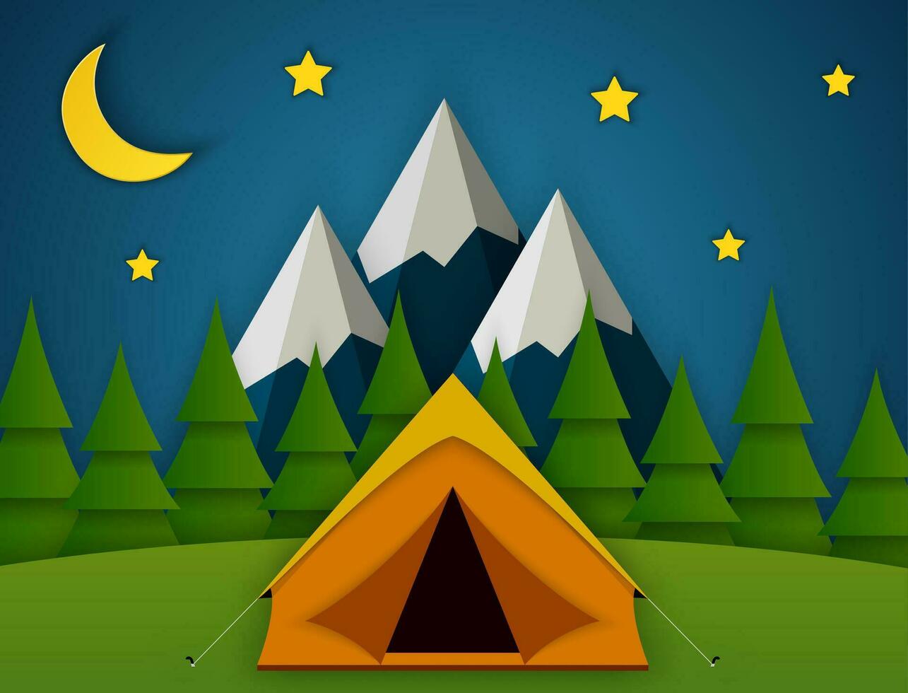 Paper cut summer night landsape. Landscape with yellow tent, forest and mountains on the background. Adventures in nature, vacation, and tourism vector illustration.