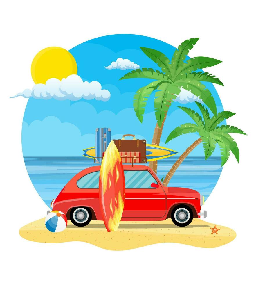 travel car with surfboard and suitcases vector