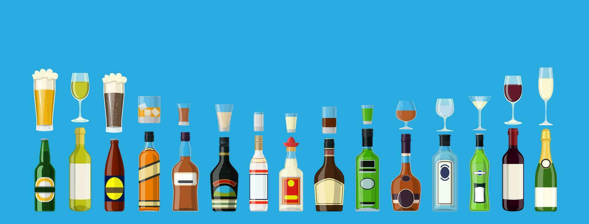 Alcohol drinks collection. Bottles with glasses. Vodka champagne wine whiskey beer brandy tequila cognac liquor vermouth gin rum absinthe bourbon. Vector illustration in flat style
