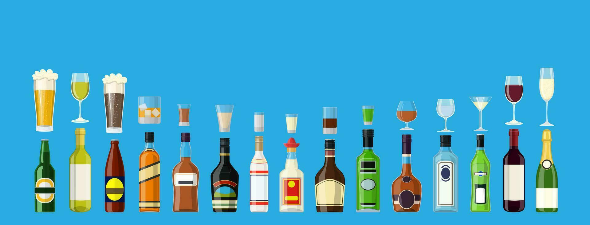 Alcohol drinks collection. Bottles with glasses. Vodka champagne wine whiskey beer brandy tequila cognac liquor vermouth gin rum absinthe bourbon. Vector illustration in flat style