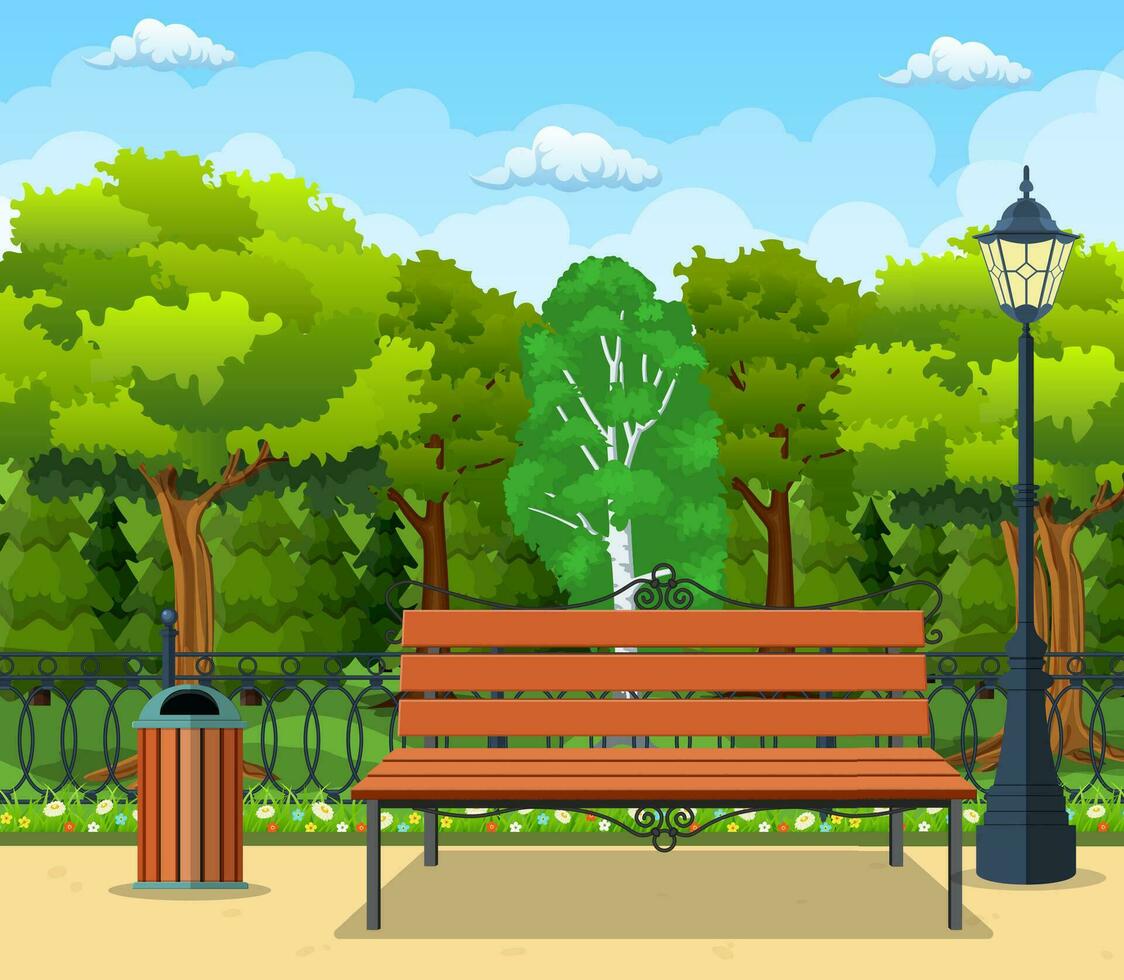 City park concept, wooden bench, street lamp, waste bin in square and trees. Sky with clouds and sun. Leisure time in summer city park. Vector illustration in flat style