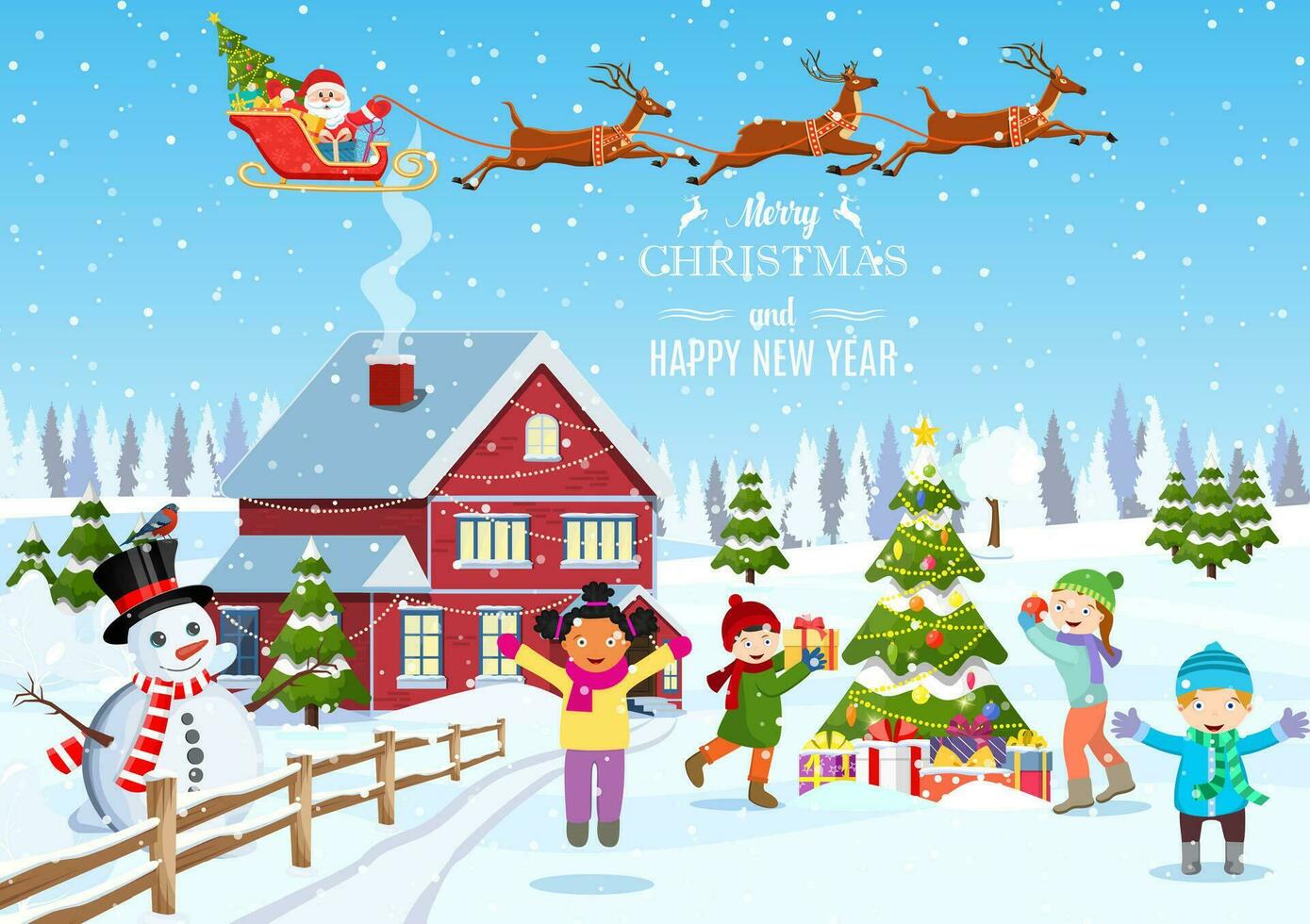 happy new year and merry Christmas greeting card. Winter fun. kids decorating a Christmas tree. Winter holidays. Christmas landscape tree spruce, snowman. vector illustration