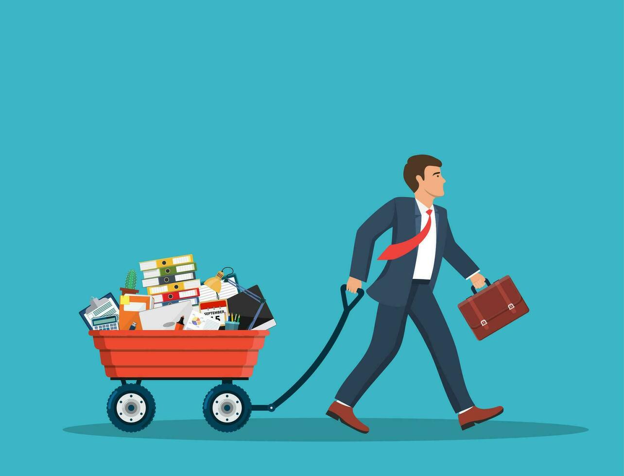 Businessman moving to new office.Businessman pulling cart with folder, document paper, contract, calculator, cactus. Vector illustration in flat style