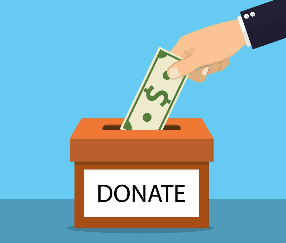 hands depositing money in a carton box with text banner donate. Vector illustration in flat style
