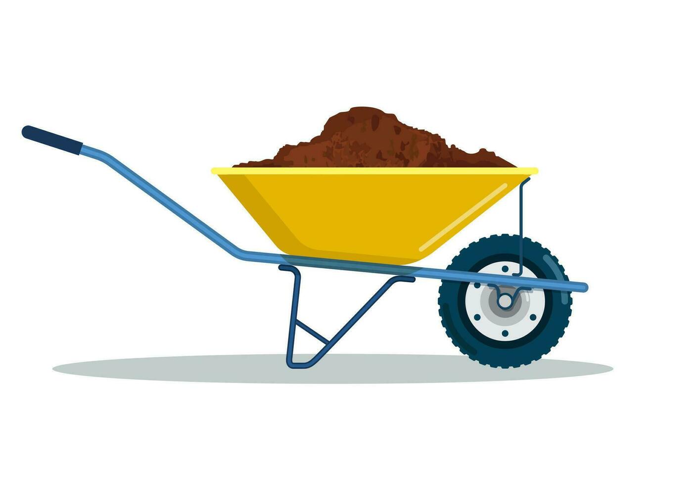 Wheelbarrow yellow garden tool equipment side view with dirt.. Agriculture cart wheel cartoon farm icon. Isolated on a white background. Vector illustration in flat style