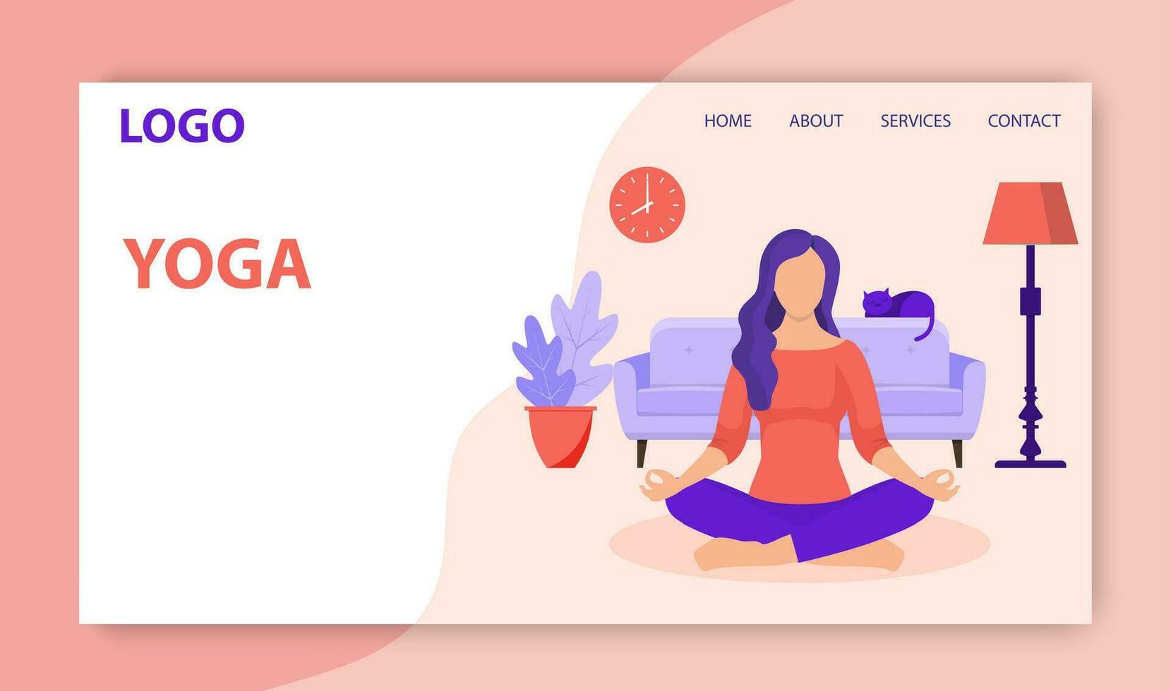 Yoga at home. Concept design for poster, banner, flyer, web page. Young woman sitting in yoga lotus pose. Landing page design template. Vector illustration in flat style