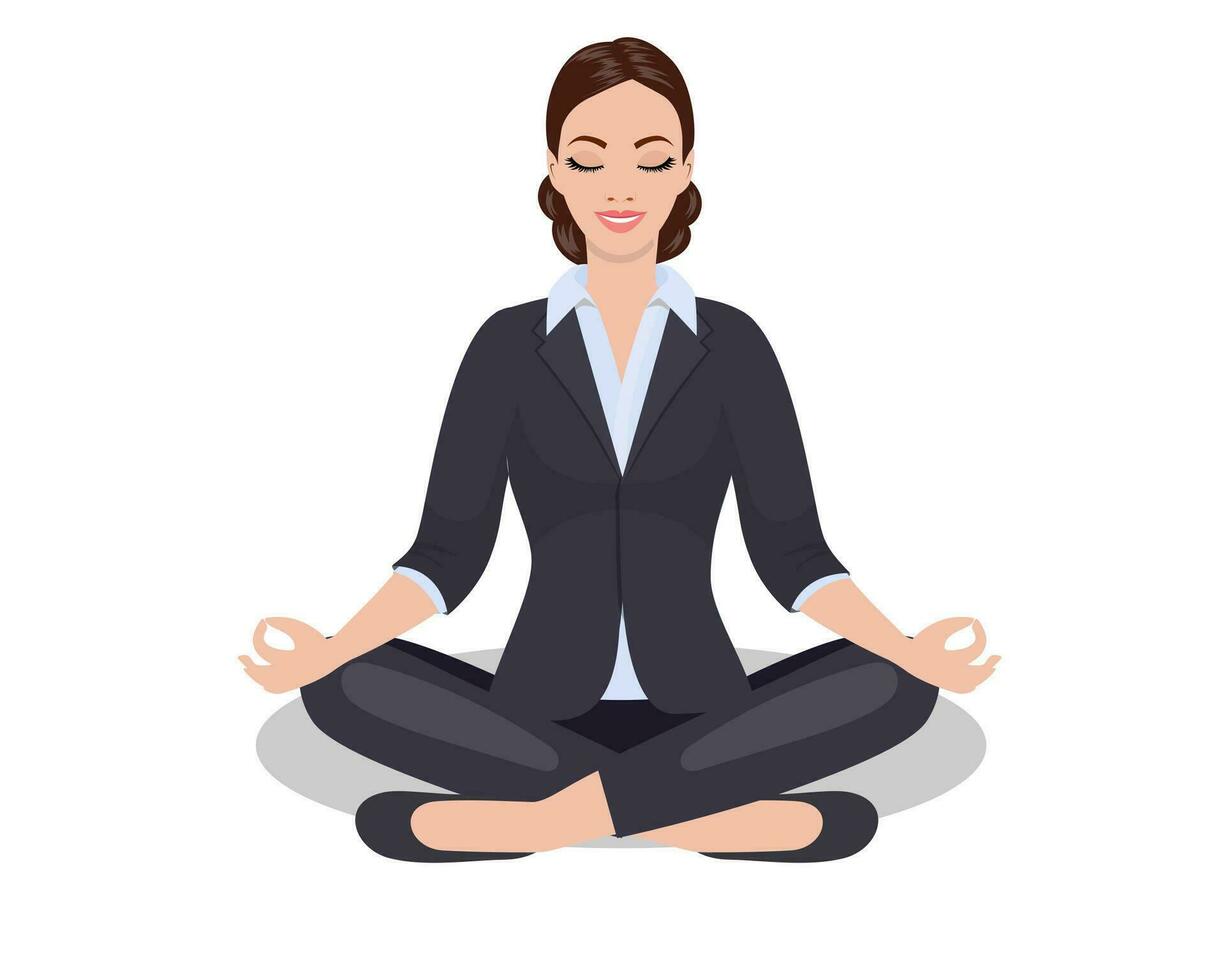 negocio mujer sentado en el padmasana loto pose. oficina trabajador meditando, relajante o haciendo yoga después estrés y difícil trabajo día. vector ilustración en plano estilo