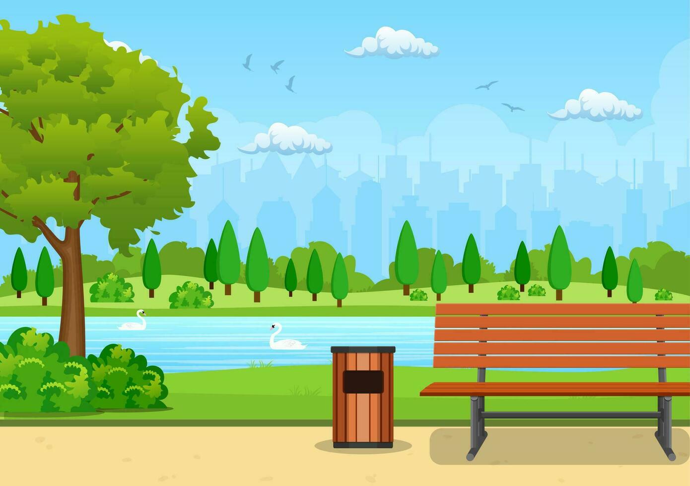 Bench with tree and lantern in the Park. Vector illustration in flat style