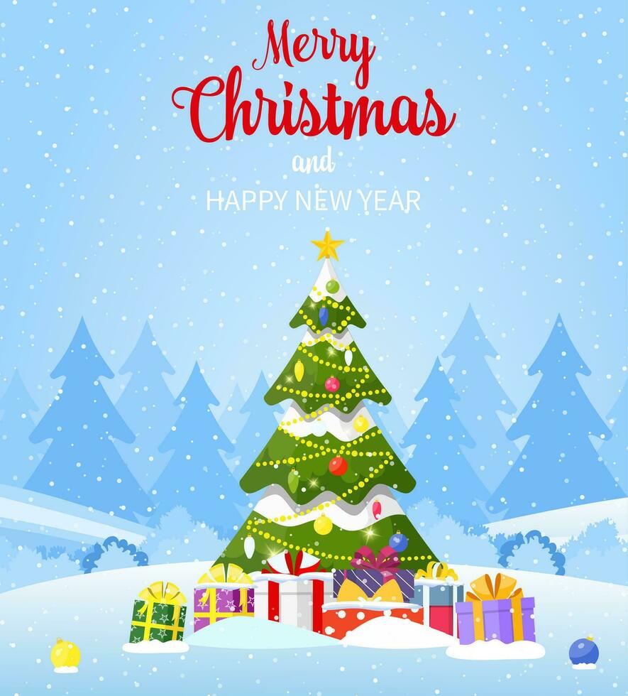 Christmas card. Christmas landscape background withwith christmas tree with gifbox. Merry christmas holiday. New year and xmas celebration. Vector illustration in flat style