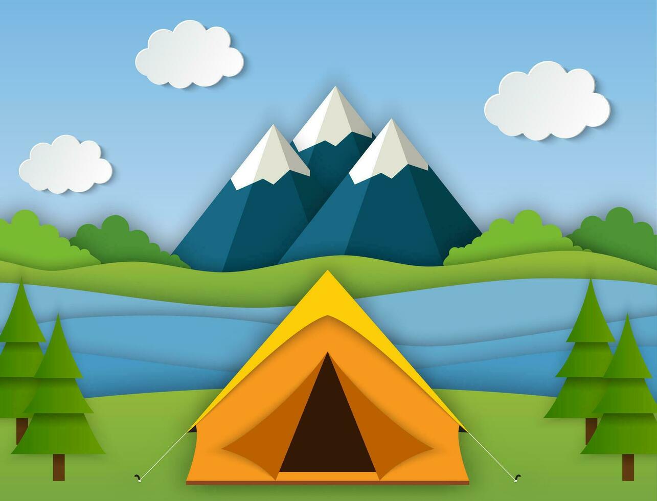 Paper cut summer landsape. Landscape with yellow tent, forest and mountains on the background. Adventures in nature, vacation, and tourism vector illustration.