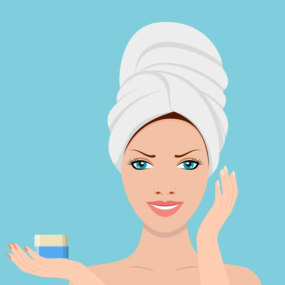 girl uses a cosmetic facial cream. SPA beauty and health concept. Vector illustration in flat style