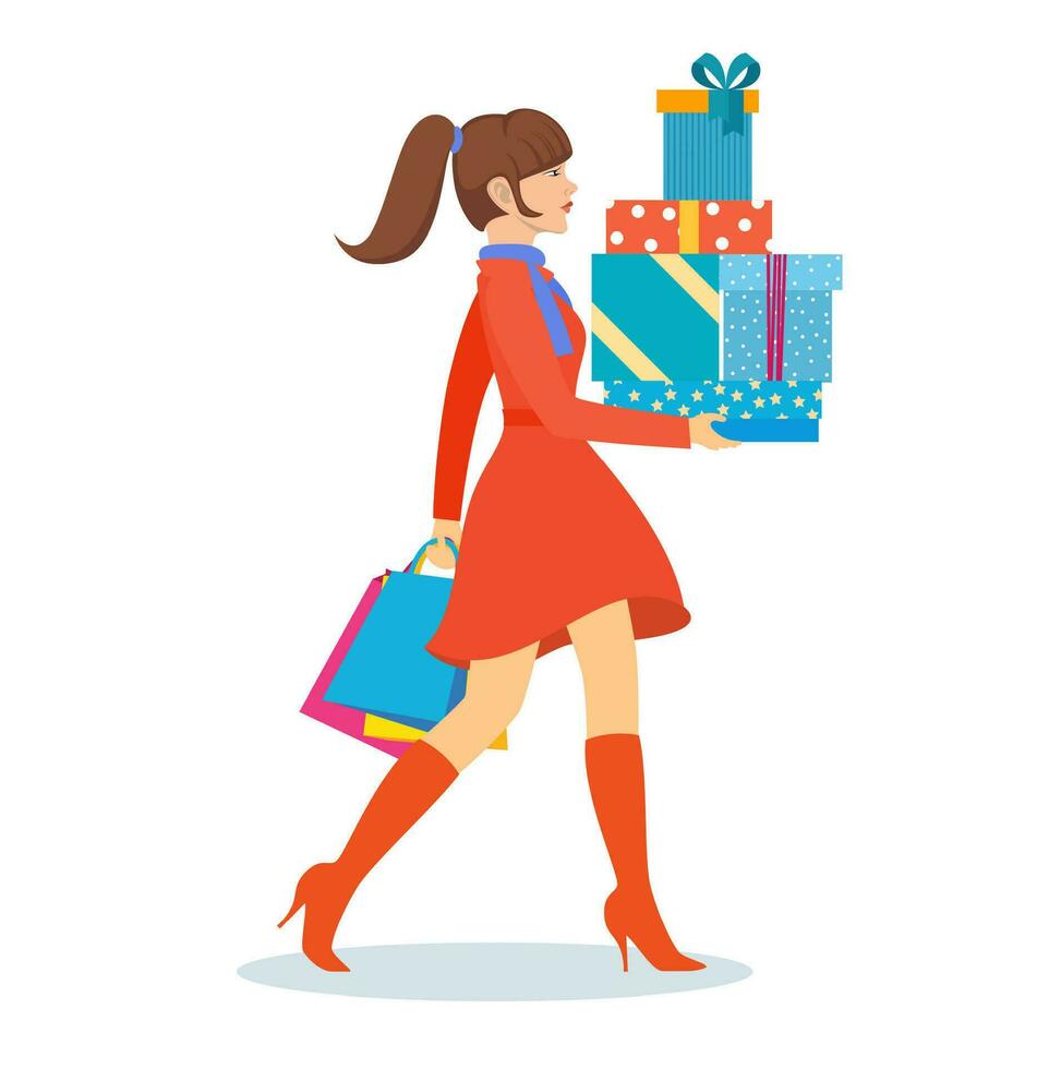 Woman with shopping bags walking in snow in the city. Merry Christmas sale. Vector illustration in flat style.