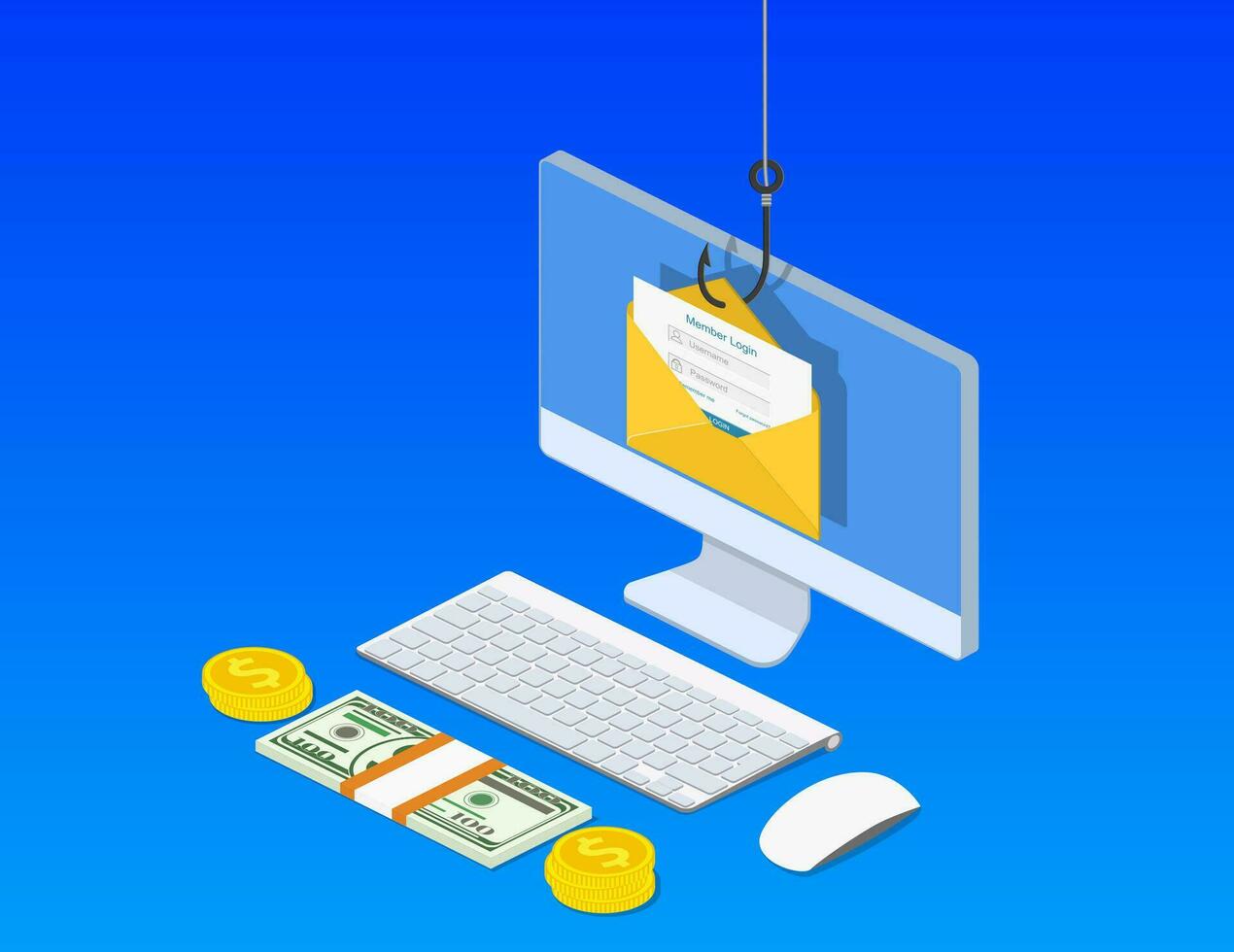 isometric Login into account in email envelope and fishing hook. Internet phishing, hacked login and password. Netwrok and internet security. Anti virus, spyware, Vector illustration in flat style