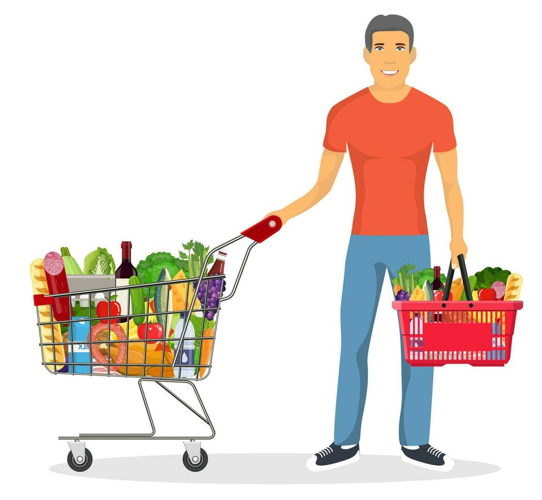 man pushing supermarket shopping cart. isolated on white background. Red plastic shopping basket full of groceries products in hand. Grocery store. illustration in flat style vector