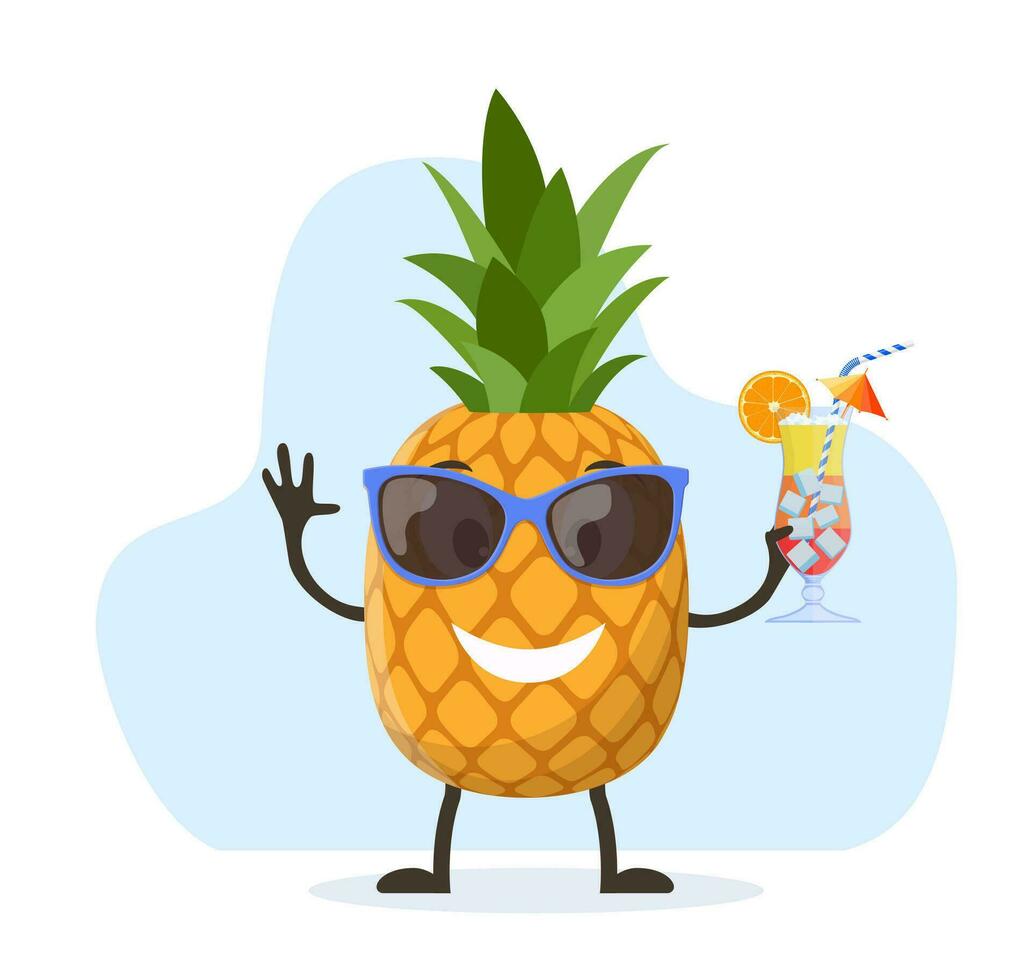 Funny pineapple character with human face and cocktail glass having fun at party. Colorful summer design. Vector illustration in flat style