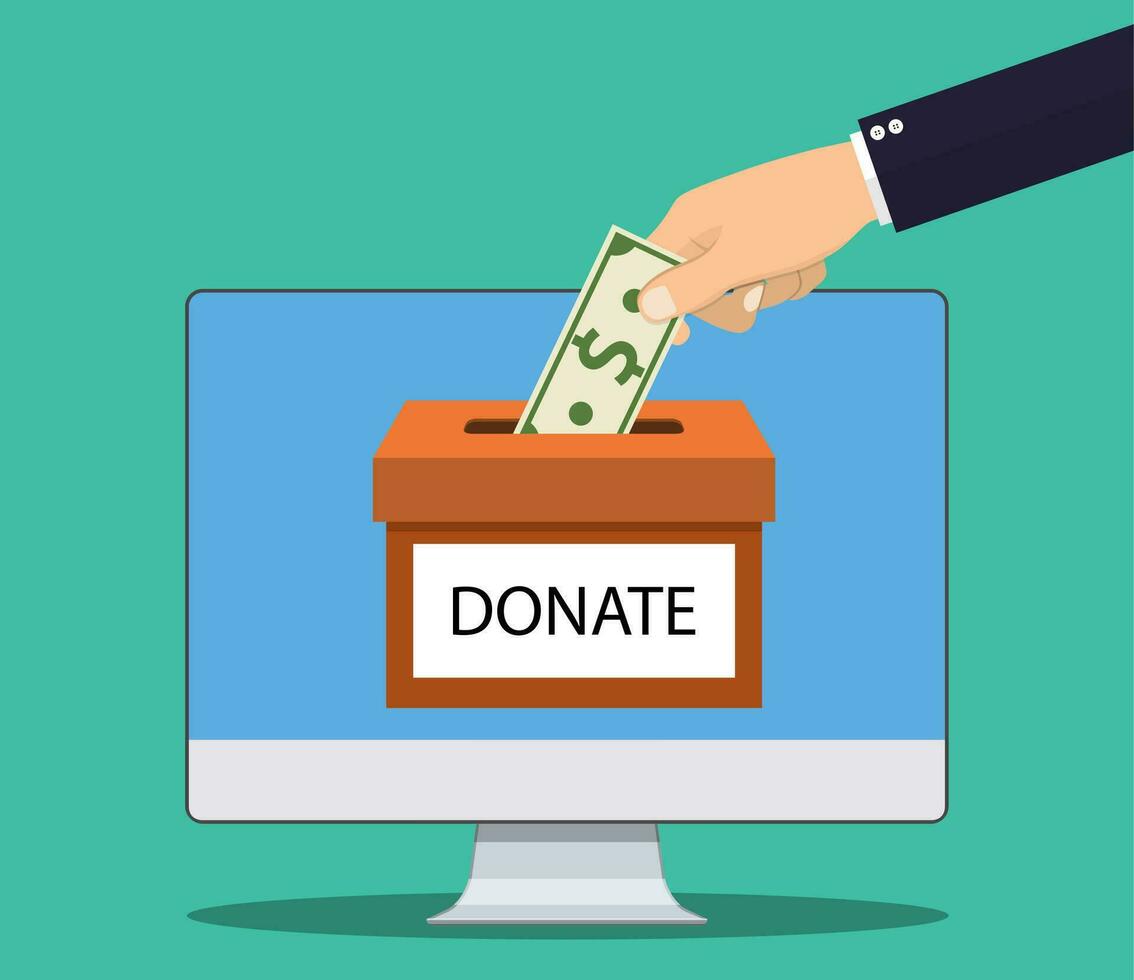 Donate online concept. Hand putting money bill in to the donation box. Vector illustration in flat style