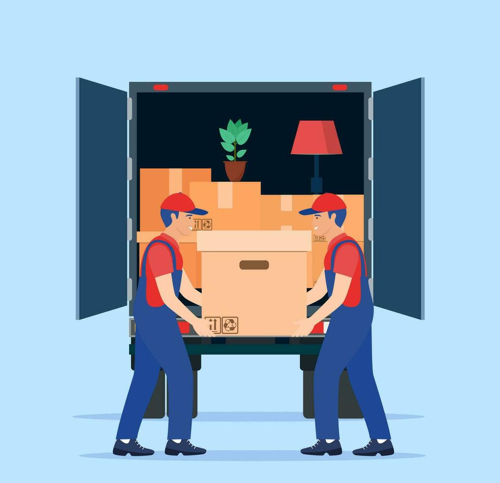 Delivery service concept. moving house. Man with cardboard boxes. Truck for transportation of goods loaded with cardboard boxes. Delivery truck with a bunch of boxes. Vector illustration in flat style