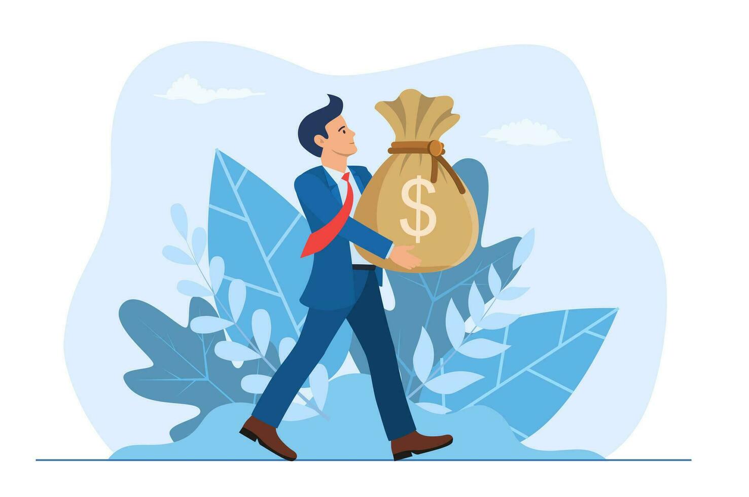 Businessman holding large bag full of money. Businessman with big heavy sack full of cash. Growth, income, savings, investment. Symbol of wealth. Business success. Vector illustration in flat style.