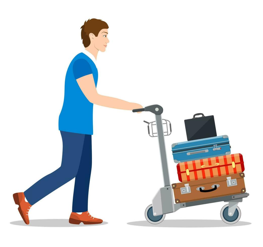 hombre con equipaje carretilla en aeropuerto. viaje concepto. vector ilustración en plano estilo