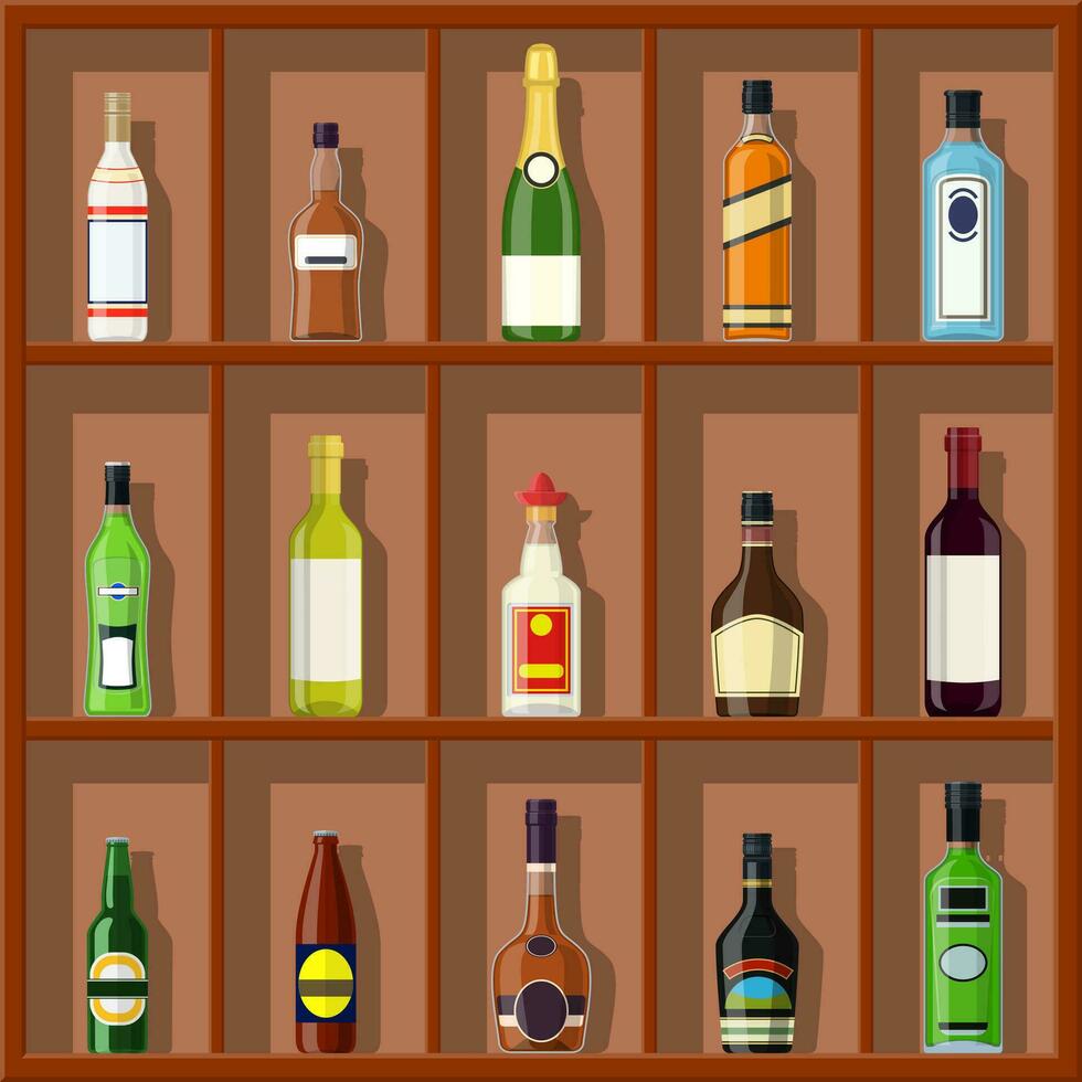 Alcohol drinks collection. Bottles on shelf. Vodka champagne wine whiskey beer brandy tequila cognac liquor vermouth gin rum absinthe sambuca cider bourbon. Vector illustration in flat style