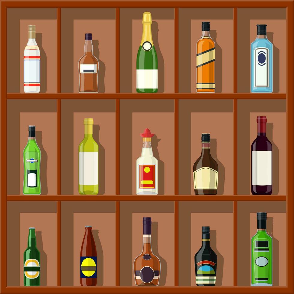 alcohol bebidas recopilación. botellas en estante. vodka champán vino whisky cerveza brandy tequila coñac espíritu Vermut Ginebra Ron Ajenjo Sambuca sidra Borbón. vector ilustración en plano estilo