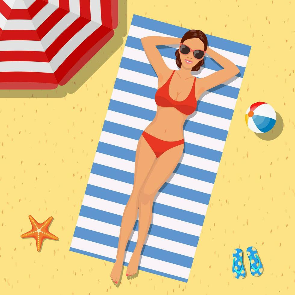 niña en el playa con un bikini. verano tiempo. hermosa mujer vistiendo acostado en el playa en un blanco y azul a rayas toalla. vector ilustración en plano estilo