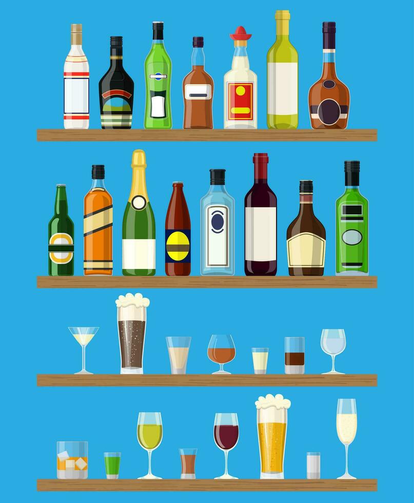Alcohol drinks collection. Bottles with glasses. Vodka champagne wine whiskey beer brandy tequila cognac liquor vermouth gin rum absinthe bourbon. Vector illustration in flat style