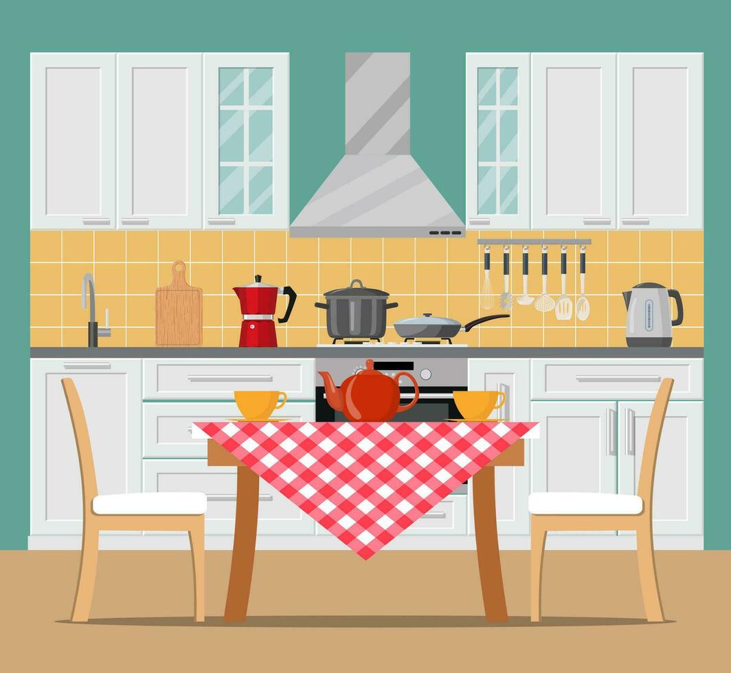 moderno cocina interior con mueble y Cocinando dispositivos. gráfico diseño modelo. trabajando superficie para cocinando. vector ilustración en plano diseño