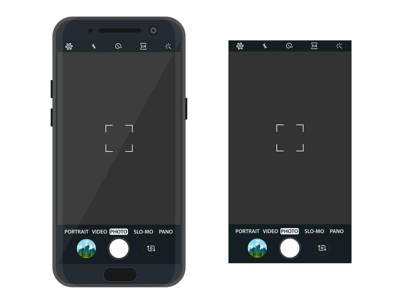 moderno teléfono inteligente con cámara solicitud. usuario interfaz de cámara visor. enfoque pantalla en grabación tiempo. vector ilustración plano estilo
