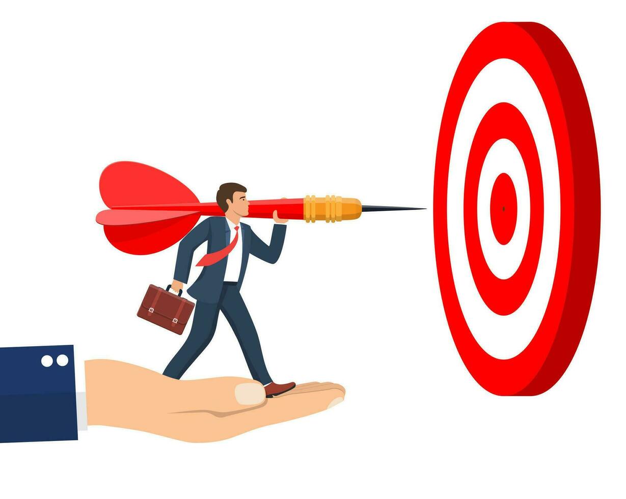 The hand is lifting the businessman to reach his goal. Businessman aim arrow to target. Goal setting. Smart goal. Business target concept. Vector illustration in flat style