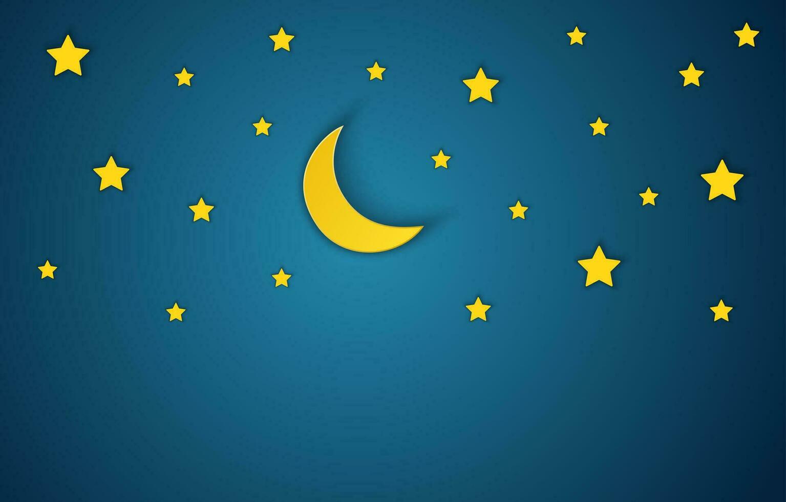 papel Arte luna, estrellas en medianoche. papel cortar y arte estilo. vector, ilustración. 3d resumen antecedentes. papel cortar formas vector