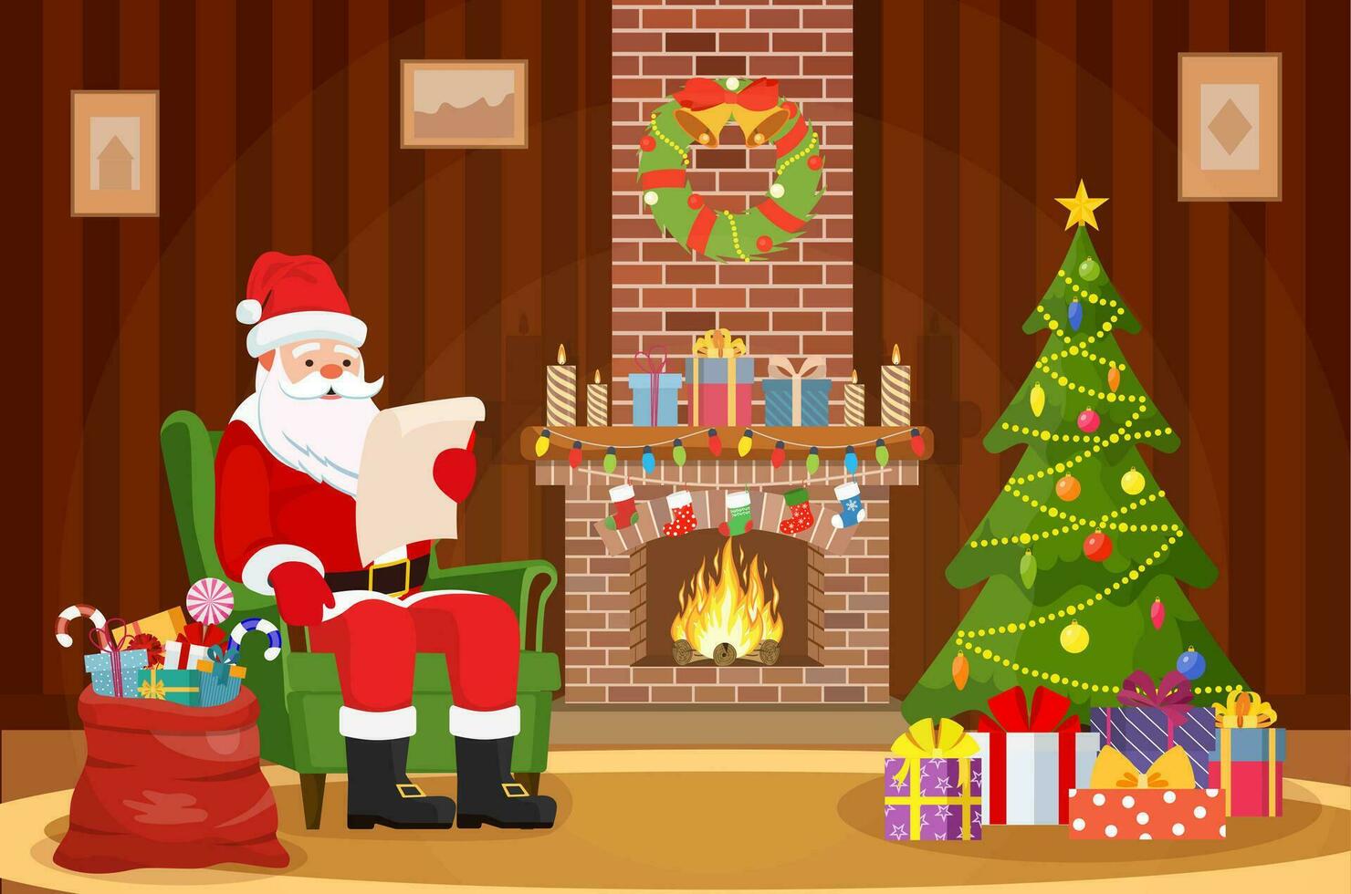 alegre Navidad. Papa Noel claus sentado en Sillón cerca hogar en vivo habitación y leyendo deseo lista. Navidad antecedentes vector ilustración en plano estilo